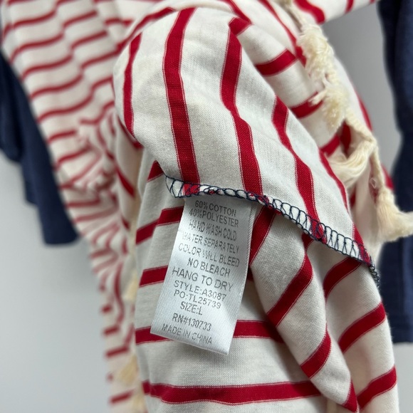 Umgee Sz Large Red White Blue Striped Shirt Pom Pom Tassel - Picture 7 of 8